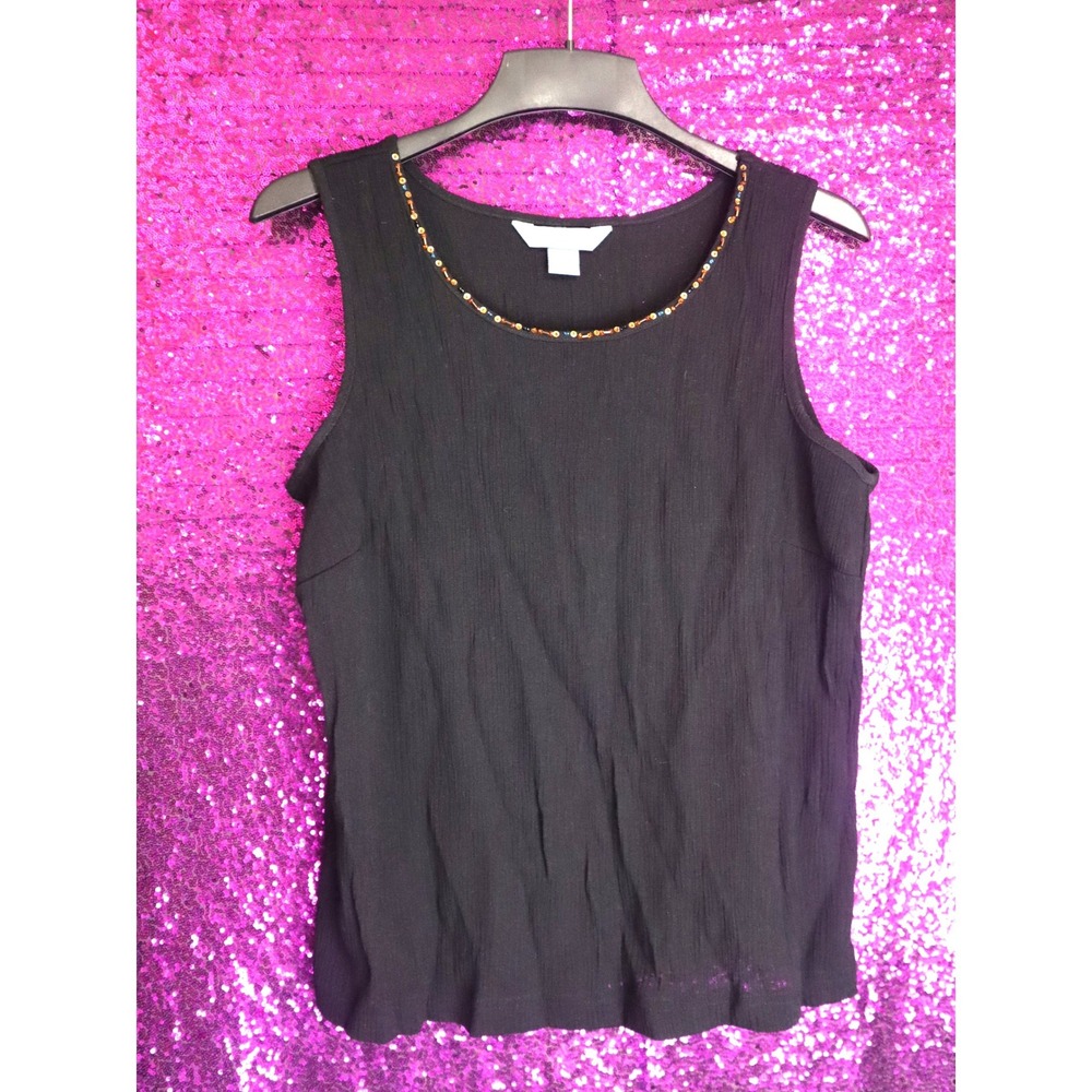 Black Tank Top L Koret Women Beaded Neckline Crinkle Shell Office Work Gold